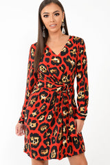 Red Leopard Wrap Belted Dress - Keniah-Dresses
