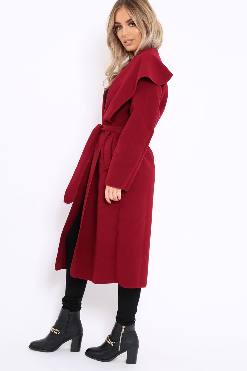Red Long Length Waterfall Belted Coat - Cindy-Coats