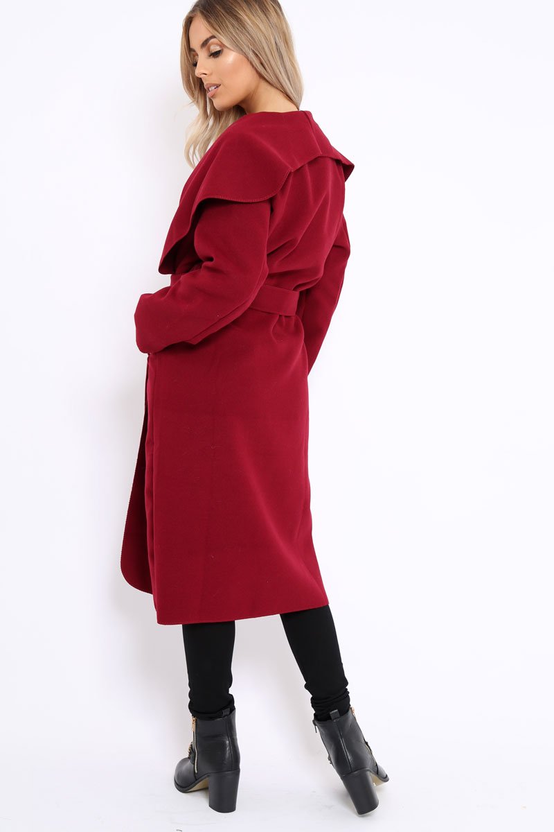 Red Long Length Waterfall Belted Coat - Cindy-Coats