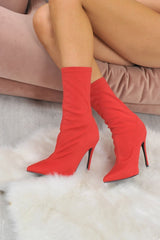 Red Lycra Stretch Heeled Ankle Boots - Aviya-Boots
