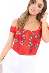 Red Mesh Flower Applique Bodysuit - Sabella-Bodysuits