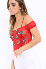 Red Mesh Flower Applique Bodysuit - Sabella-Bodysuits