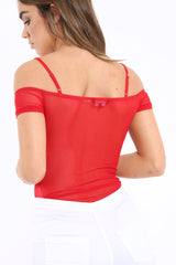 Red Mesh Flower Applique Bodysuit - Sabella-Bodysuits
