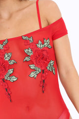Red Mesh Flower Applique Bodysuit - Sabella-Bodysuits