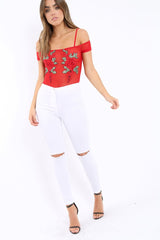 Red Mesh Flower Applique Bodysuit - Sabella-Bodysuits