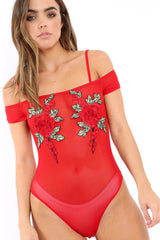 Red Mesh Flower Applique Bodysuit - Sabella-Bodysuits