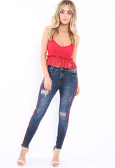 Red Mesh Frill Hem Crop Top - Annora-Crop Tops