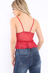 Red Mesh Frill Hem Crop Top - Annora-Crop Tops