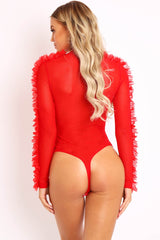 Red Mesh High Neck Frill Sleeve Bodysuit - Carla-Bodysuits