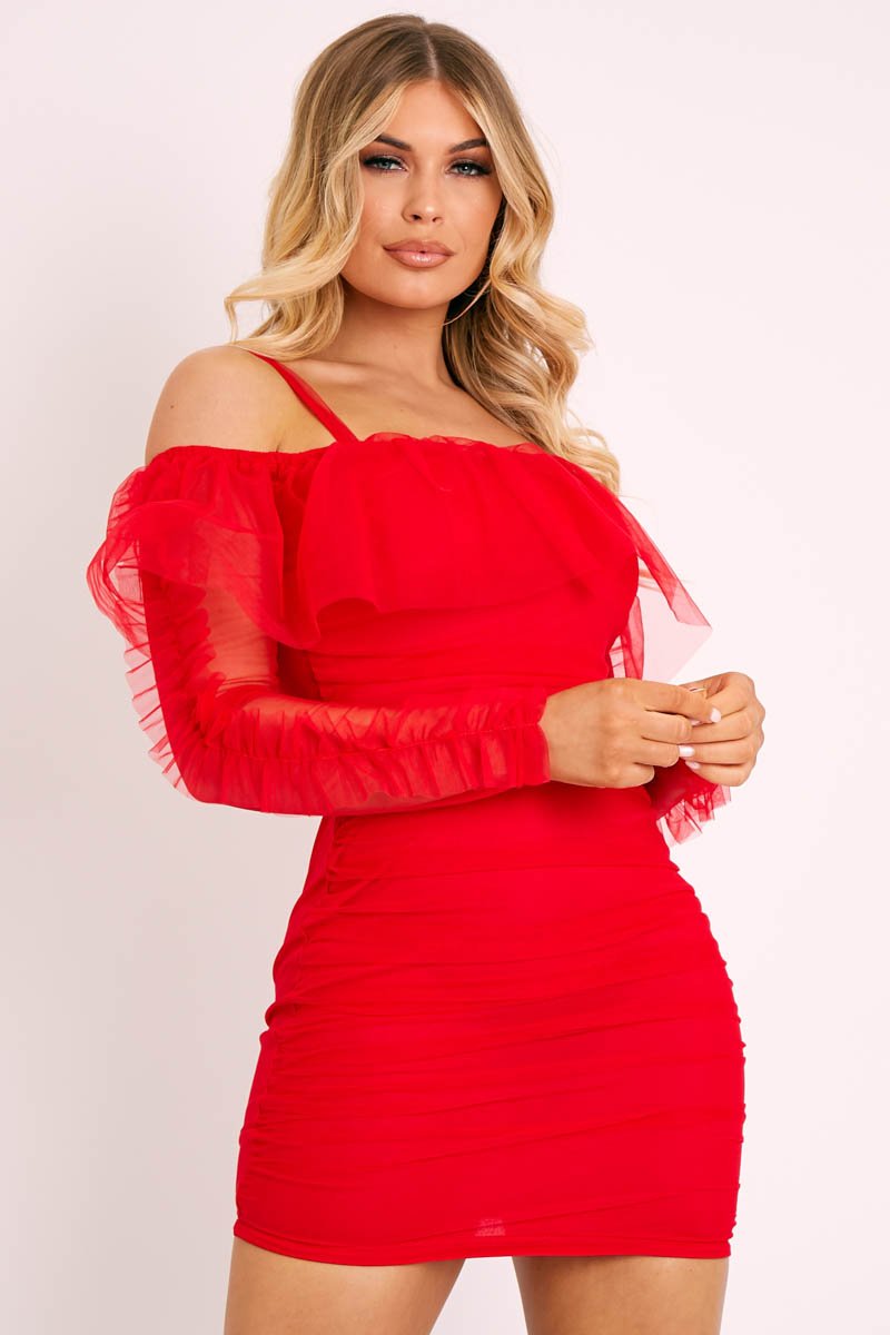 Red Mesh Ruched Bardot Mini Bodycon Dress - Daliya-Dresses