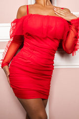Red Mesh Ruched Bardot Mini Bodycon Dress - Daliya-Dresses