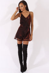 Red Metallic Strappy V Neck Playsuit - Patricia-Playsuits