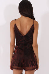 Red Metallic Strappy V Neck Playsuit - Patricia-Playsuits