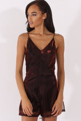 Red Metallic Strappy V Neck Playsuit - Patricia-Playsuits