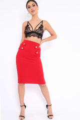 Red Midi Bodycon Skirt with Button Detailing - Yasmina-Skirts