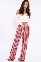 Red Multi Stripe Side Popper Wide Leg Trousers - Leah-Trousers
