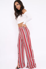 Red Multi Stripe Side Popper Wide Leg Trousers - Leah-Trousers