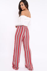 Red Multi Stripe Side Popper Wide Leg Trousers - Leah-Trousers