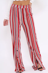 Red Multi Stripe Side Popper Wide Leg Trousers - Leah-Trousers