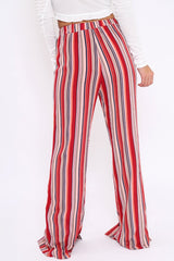 Red Multi Stripe Side Popper Wide Leg Trousers - Leah-Trousers