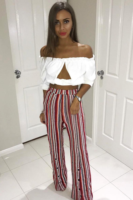 Red Multi Stripe Side Popper Wide Leg Trousers - Leah