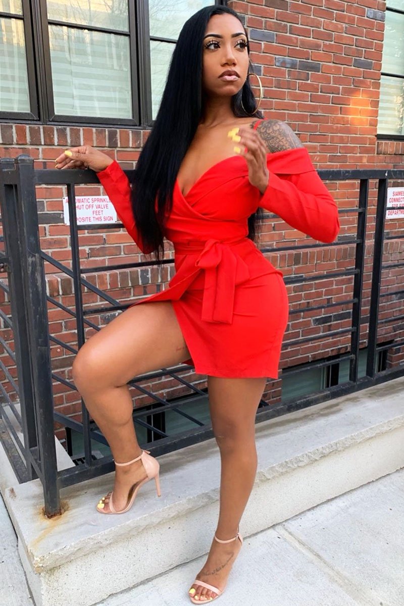 Red Off The Shoulder Blazer Dress - Halia-Dresses