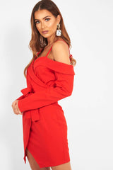 Red Off The Shoulder Blazer Dress - Halia-Dresses