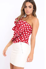 Red One Shoulder Polka Dot Top with Ruffles - Secilia-Tops