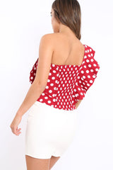 Red One Shoulder Polka Dot Top with Ruffles - Secilia-Tops