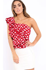 Red One Shoulder Polka Dot Top with Ruffles - Secilia-Tops