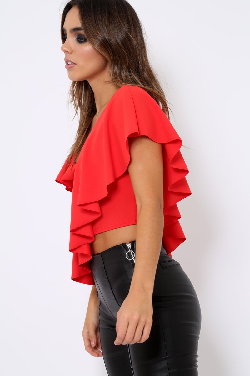 Red One Shouldered Frill Top - Maysa-Tops