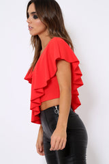 Red One Shouldered Frill Top - Maysa-Tops
