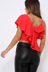 Red One Shouldered Frill Top - Maysa-Tops
