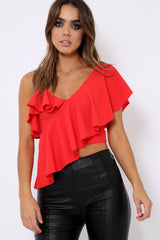 Red One Shouldered Frill Top - Maysa-Tops