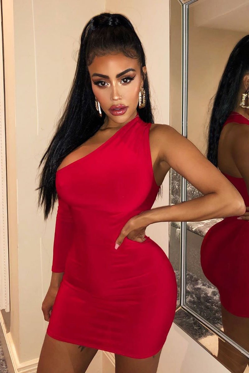Red One Sleeve Slit Detail Slinky Mini Bodycon Dress - Bronwyn-Dresses