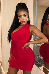 Red One Sleeve Slit Detail Slinky Mini Bodycon Dress - Bronwyn-Dresses