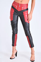Red PU Colour Block Trousers - Mammie-Trousers