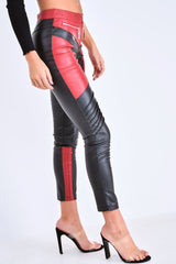 Red PU Colour Block Trousers - Mammie-Trousers