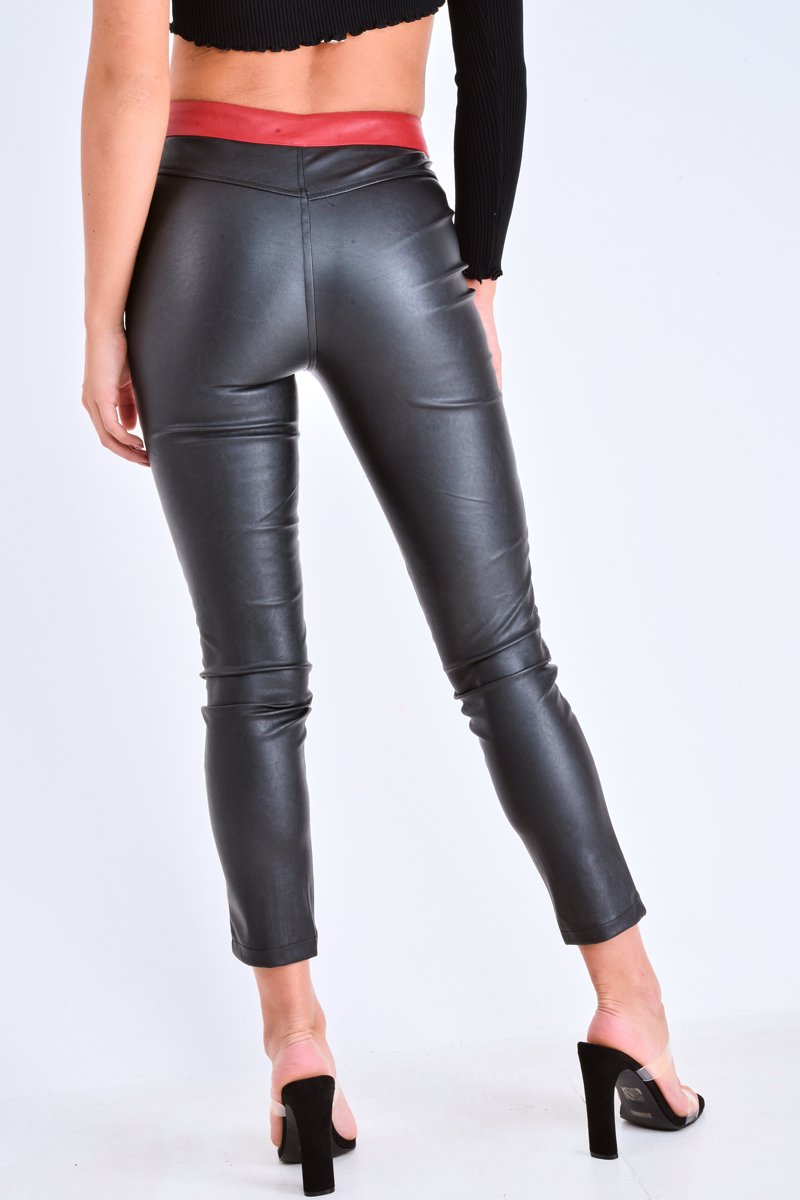 Red PU Colour Block Trousers - Mammie-Trousers