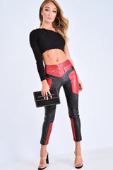 Red PU Colour Block Trousers - Mammie-Trousers