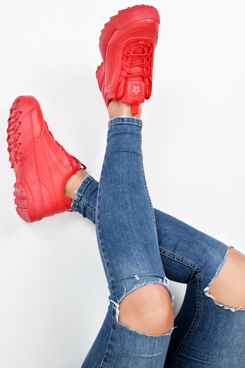 Red PU Lace Up Sole Detail Trainers - Lennix-Trainers