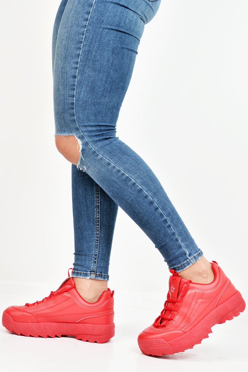 Red PU Lace Up Sole Detail Trainers - Lennix-Trainers