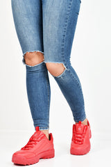 Red PU Lace Up Sole Detail Trainers - Lennix-Trainers
