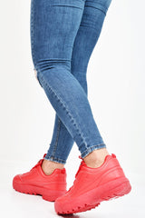 Red PU Lace Up Sole Detail Trainers - Lennix-Trainers