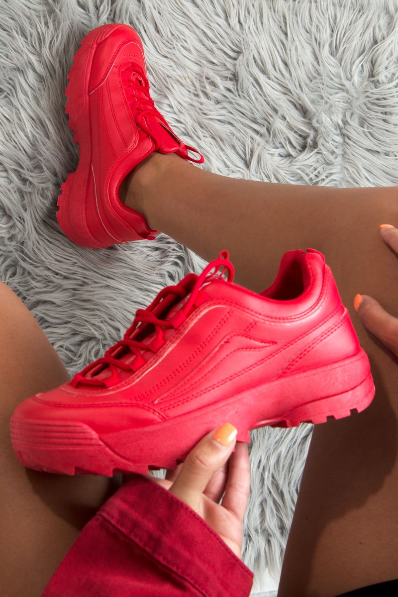 Red PU Lace Up Sole Detail Trainers - Lennix-Trainers