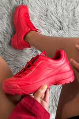 Red PU Lace Up Sole Detail Trainers - Lennix-Trainers