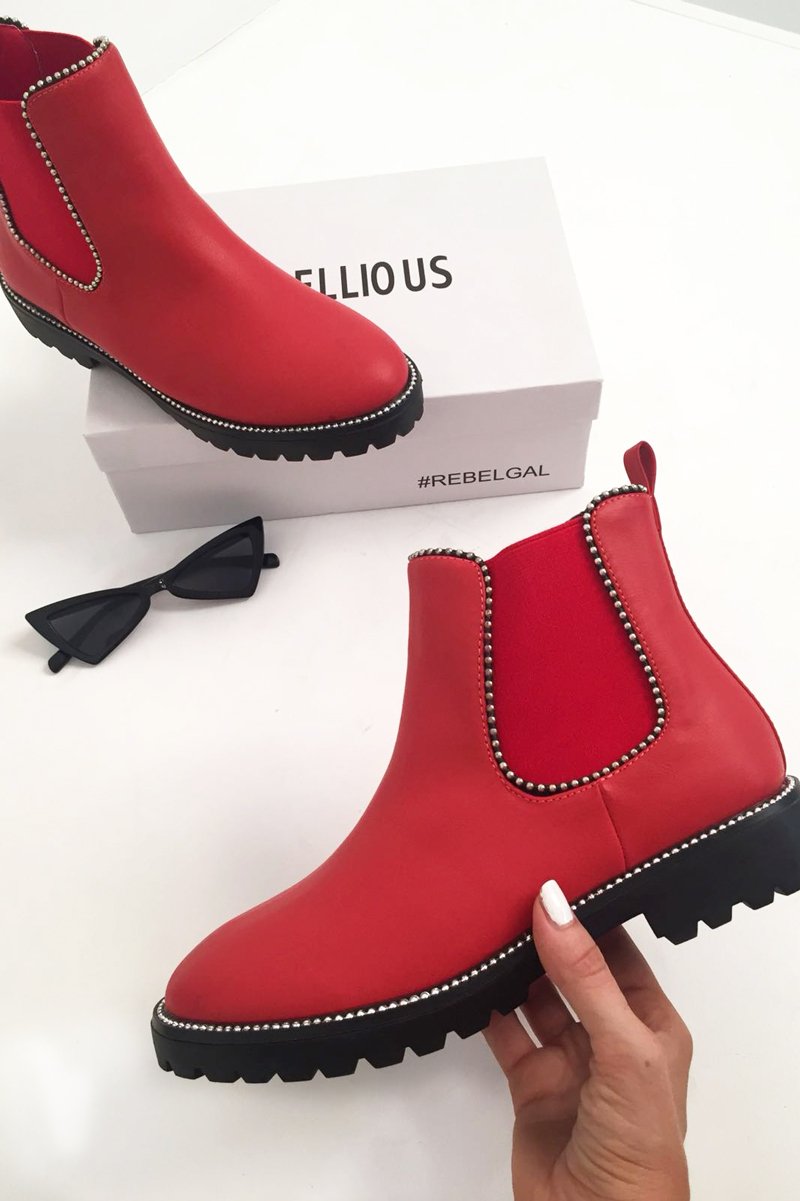 Red PU Stud Detail Ankle Boots - Andie-Boots
