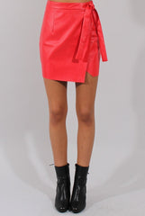 Red PU Wrap Around Mini Skirt - Jazlyn-Skirts
