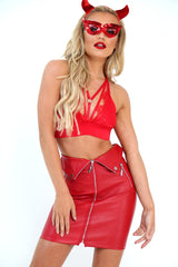 Red PU Zip Detail Biker Mini Skirt - Izora-Skirts