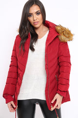 Red Padded Coat With Faux Fur Trim Hood - Jocelyn-Coats
